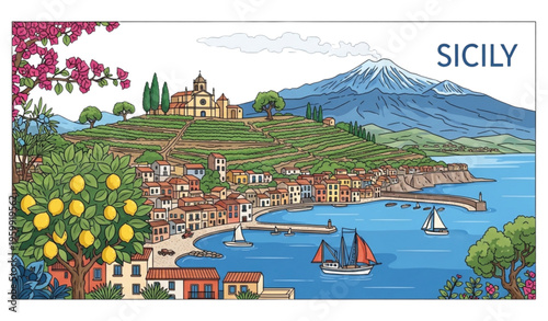 Sicily travel and cultural vector illustration with landmarks, landscapes, and natural wonders isolated on white