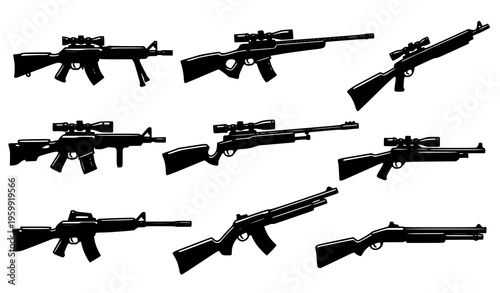 Stylized cartoon firearms vector illustration set with rifles and shotguns flat line art on white background