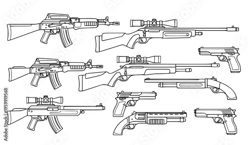 Detailed cartoon firearms vector collection with assault rifles, sniper rifles, and shotguns on white background