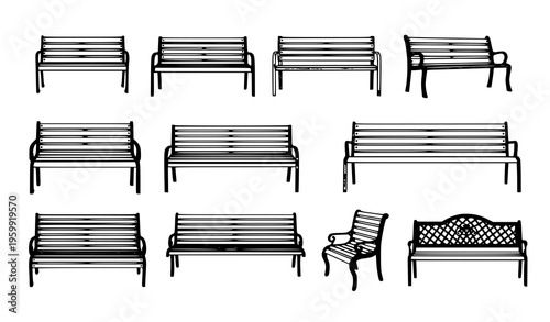 Outdoor benches vector silhouette set with wood and metal benches in various styles isolated on white