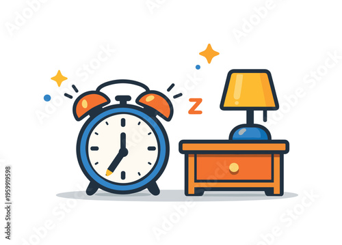 Morning alarm routine shaped by universal habits of waking up on schedule and preparing for the day ahead, a classic alarm clock paired with a bedside table and a small lamp