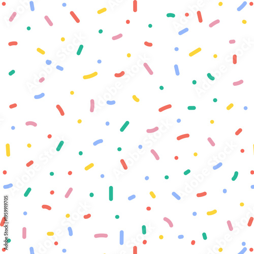 Seamless confetti sprinkles pattern with colorful abstract shapes. Fun background for kids design, party decoration, fabric, textile, wrapping paper and wallpaper.