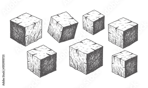 Seven hand drawn isometric wooden blocks with rough texture and cracks cube