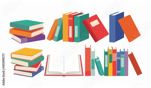 Stylized vector illustration of different book arrangements with stacks, open, and leaning books isolated on white