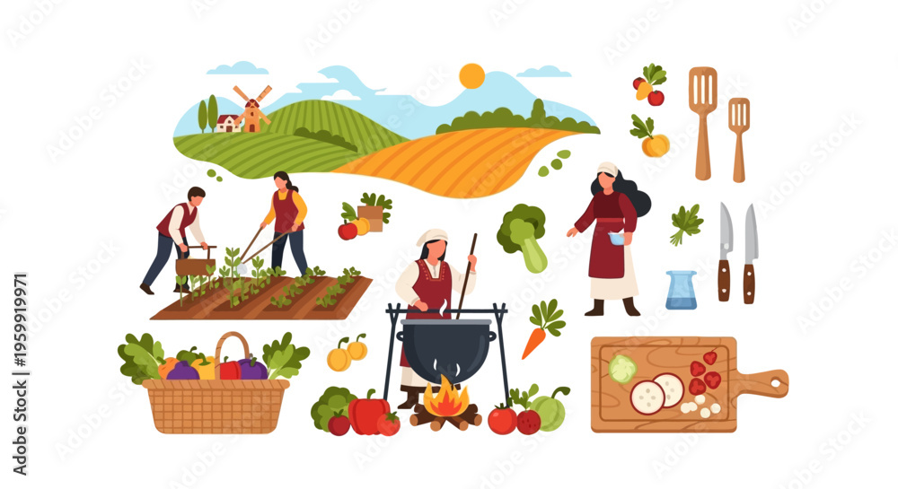 Fototapeta premium Farm to Table Process Illustration: Rural Life, Agriculture, Harvesting, and Cooking Fresh Organic Produce