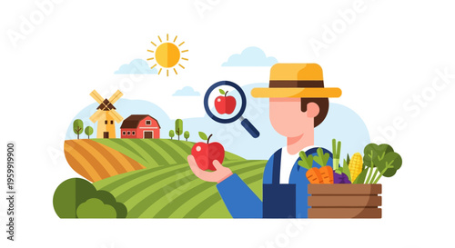 Organic Farmer Inspecting Apple & Fresh Produce for Quality Control on a Rural Farm