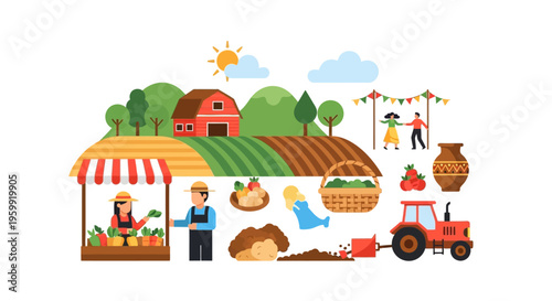 Flat Design Farm Life & Harvest: Farmers Market, Rural Agriculture, Fresh Produce, Tractor, and Festival Elements Illustration