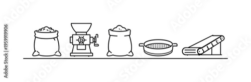 Grain milling and flour processing workflow for efficient transformation of raw crops into food products in agricultural industry, grain sack, mill grinder, flour bag, sieve, and