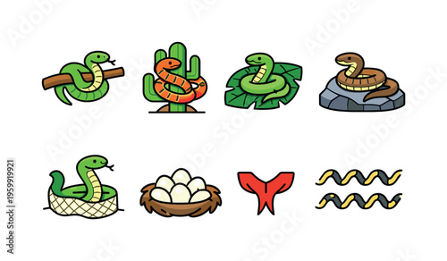 Nature and reptile elements: snake on branch, desert cactus with snake, jungle leaf with snake, rock with snake coil, snake shedding skin, egg clutch nest, forked tongue icon