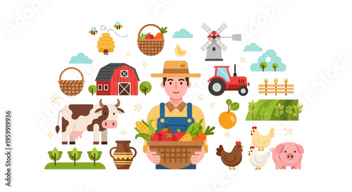 Happy Farmer with Fresh Harvest Surrounded by Farm Animals, Crops, and Rural Life Elements - Agriculture & Sustainable Food Concept
