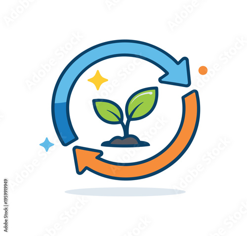 Renewal and fresh start after a period of stagnation or challenge, a circular arrow surrounding a small sprouting leaf symbolizing new beginnings and continuous cycles of growth