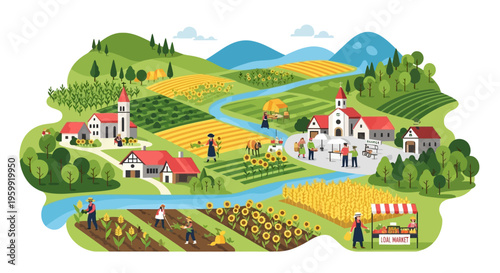 Idyllic Rural Village & Farming Landscape with Local Market and Community Life