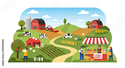 Vibrant Farm Landscape Illustration with Animals, Crops, Farmers & Local Market Stall. Rural Agriculture & Sustainable Food Concept.