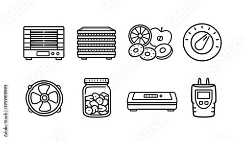 Food dehydration equipment: dehydrator machine, drying trays stack, sliced fruit pieces, temperature control dial, airflow fan, storage jar, vacuum sealer, moisture meter