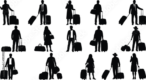 Traveler silhouettes with luggage, tourists walking with suitcases and bags, business travelers, vacation people, journey elements, passenger group vector illustration.