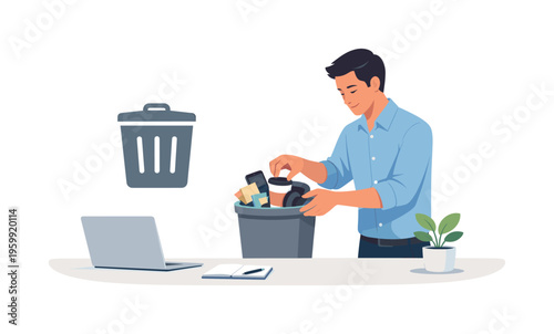 A personal productivity reset and workspace decluttering concept featuring a focused professional clearing distractions beside a simple trash bin icon and a minimal clean desk