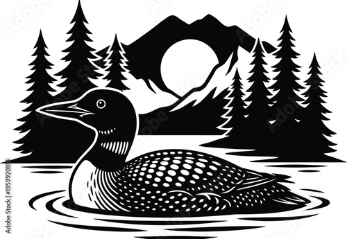 Tableau sur toile Loon swimming in lake water with mountain range and pine forest background silho