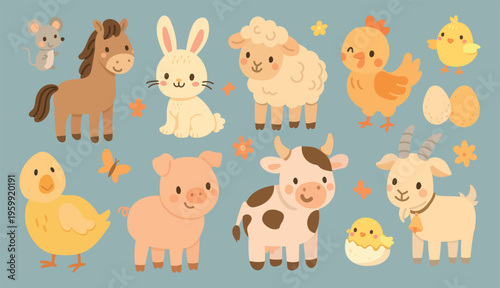 Animal cow animals with farm cute sheep and lamb chicken pig. Cartoon goat horse with sticker animal farmyard and bird bunny mother. Bull baby animal with vector duck farm and cow hen cute