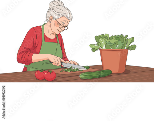  Senior woman preparing fresh vegetables cutting food in kitchen healthy cooking lifestyle vector illustration isolated home activity nutrition concept design