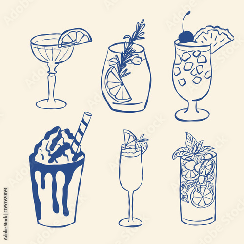 Illustration of assorted cocktails with decorative toppings