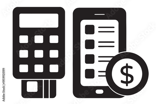 Mobile payment system with icons for pos terminal, smartphone and coin, e commerce