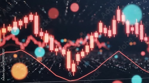 Glowing stock market graph with bokeh effect on dark background with orange and blue lights