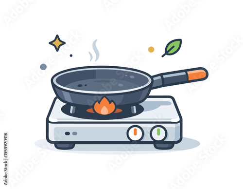 Placing a used pan on a stove after cooking as part of a routine kitchen action focused on meal preparation and daily habits, a pan resting on a simple stove with a small heat