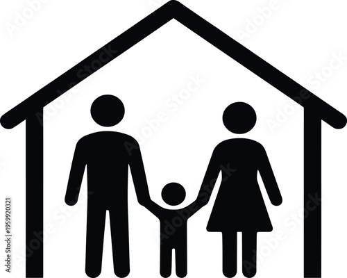 Simple family icon silhouette under roof line representing housing concept and residential property symbol for business