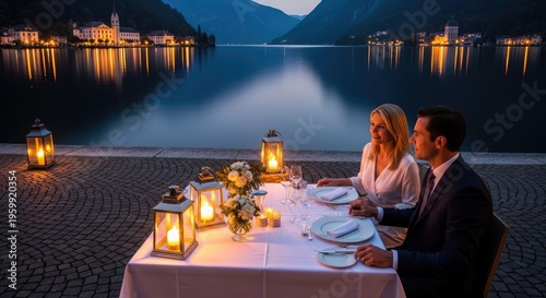 Couple dining outdoors at night romantic dinner by lake with lanterns