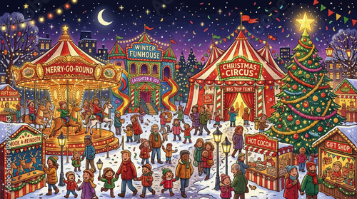 Winter Christmas carnival, festive holiday market, snow-covered amusement park, colorful illustration