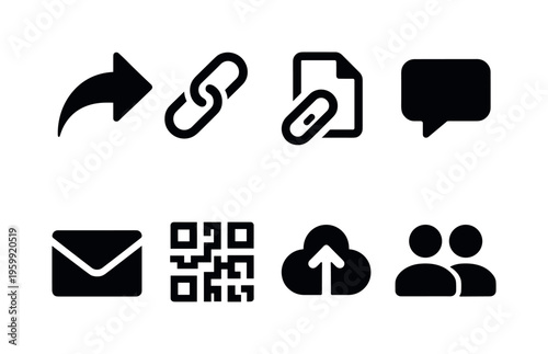 Social sharing options: share arrow, link chain, copy link, send message, email envelope, qr code, cloud upload, user group