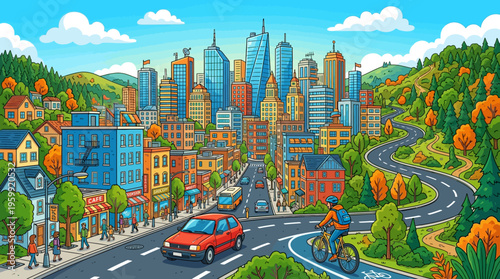 Cityscape, urban landscape, illustration, vector, colorful, modern city, town