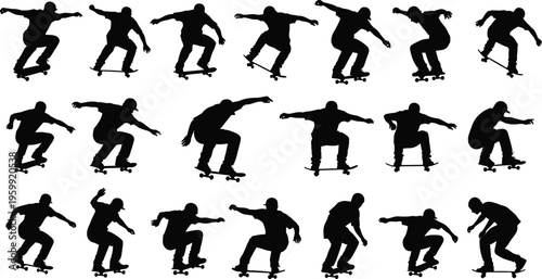 Set of black isolated silhouettes of skateboarders performing various tricks and jumps, vector illustration of young men in action poses