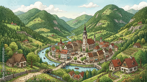 Quaint village, river valley, green mountains, cartoon landscape