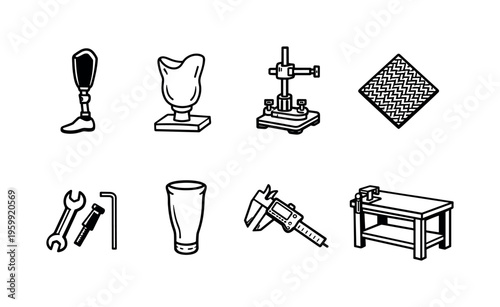 Prosthetics fabrication tools: prosthetic leg, socket mold, alignment jig, carbon fiber sheet, adjustment wrench, silicone liner, measurement caliper, assembly bench