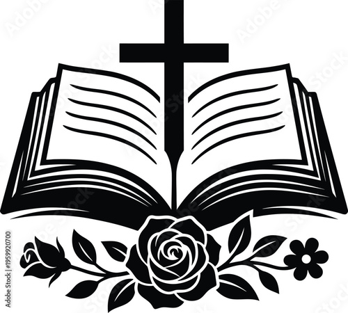 Black silhouette of open bible with cross and detailed floral arrangement on transparent background