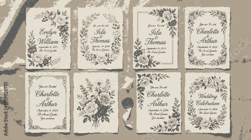 Vintage wedding invitation set, floral designs, elegant cards, rustic elements, 8 pcs