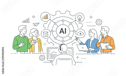 A business team leveraging artificial intelligence insights to improve decision making and automation processes in a digital environment, illustrated through a central network