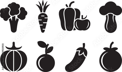 Collection of fresh vegetables icons including broccoli, carrot, pepper, tomato, eggplant. Vector illustration