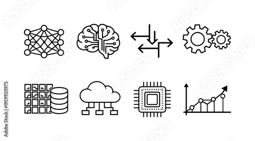 Machine learning system: neural network nodes, brain with circuits, data flow arrows, algorithm gears, training dataset, cloud processing, AI chip, predictive graph