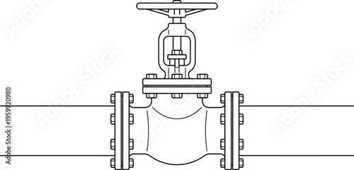 Industrial water pipe valve line art drawing on transparent background plumbing system technical blueprint illustration