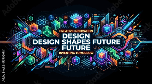 Futuristic design shapes, creative innovation concepts, colorful geometric patterns, abstract technology background