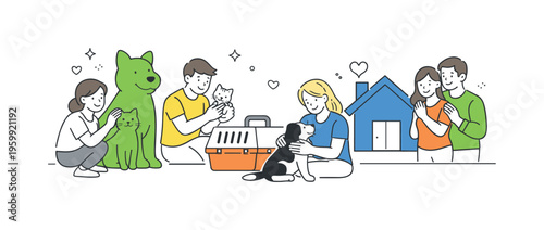 A lifestyle and responsible ownership concept illustrating pet adoption as a meaningful life decision, showing individuals meeting and bonding with animals around three key objects