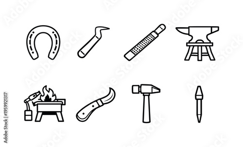 Farriery and horseshoeing tools: horseshoe, hoof pick, rasp file, anvil stand, forge burner, hoof knife, hammer tool, nail set
