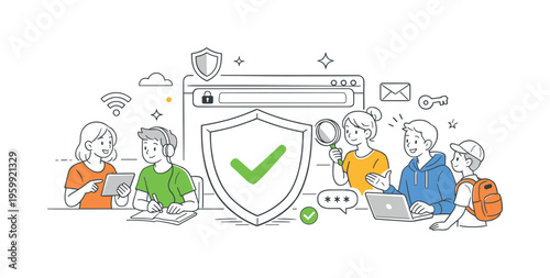 A online privacy awareness and safe browsing habits scene showing users learning protective behaviors together around a large shield and a simple browser window, using the shield