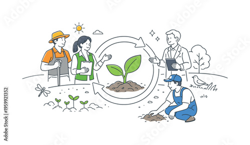An environmental stewardship context where farmers and specialists collaborate to rebuild fertile land and improve biodiversity through regenerative techniques, represented by a