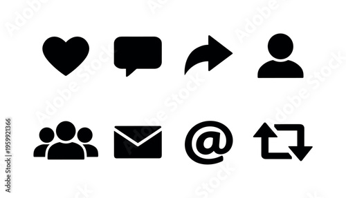 Social interaction symbols: like heart, comment bubble, share arrow, follow user, group users, message chat, mention symbol, repost arrows
