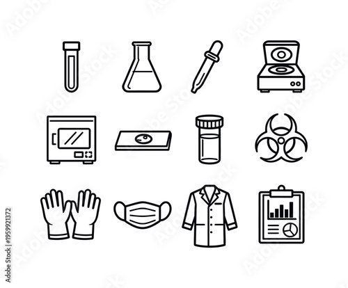 Microbiology lab set: test tube, flask, pipette, centrifuge, incubator, microscope slide, sample vial, biohazard symbol, lab gloves, mask, lab coat, analysis chart