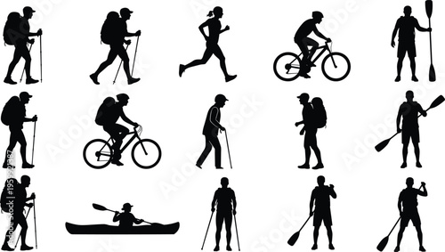 Silhouette of people hiking with backpack cycling running and paddling kayak for outdoor adventure sports travel and active lifestyle concept.