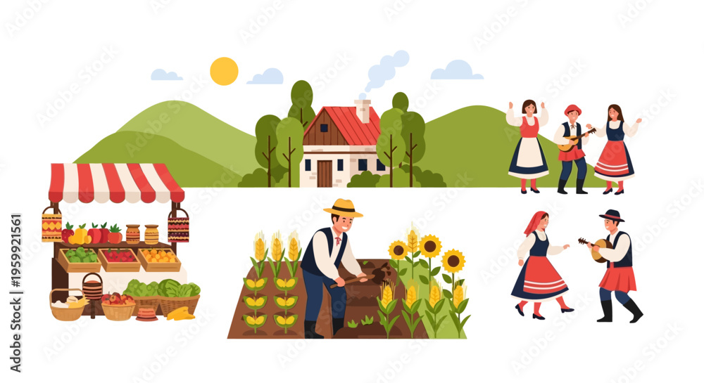 Naklejka premium Idyllic Rural Life: Farm Work, Bountiful Market, and Joyful Folk Dance in a Traditional Village Setting